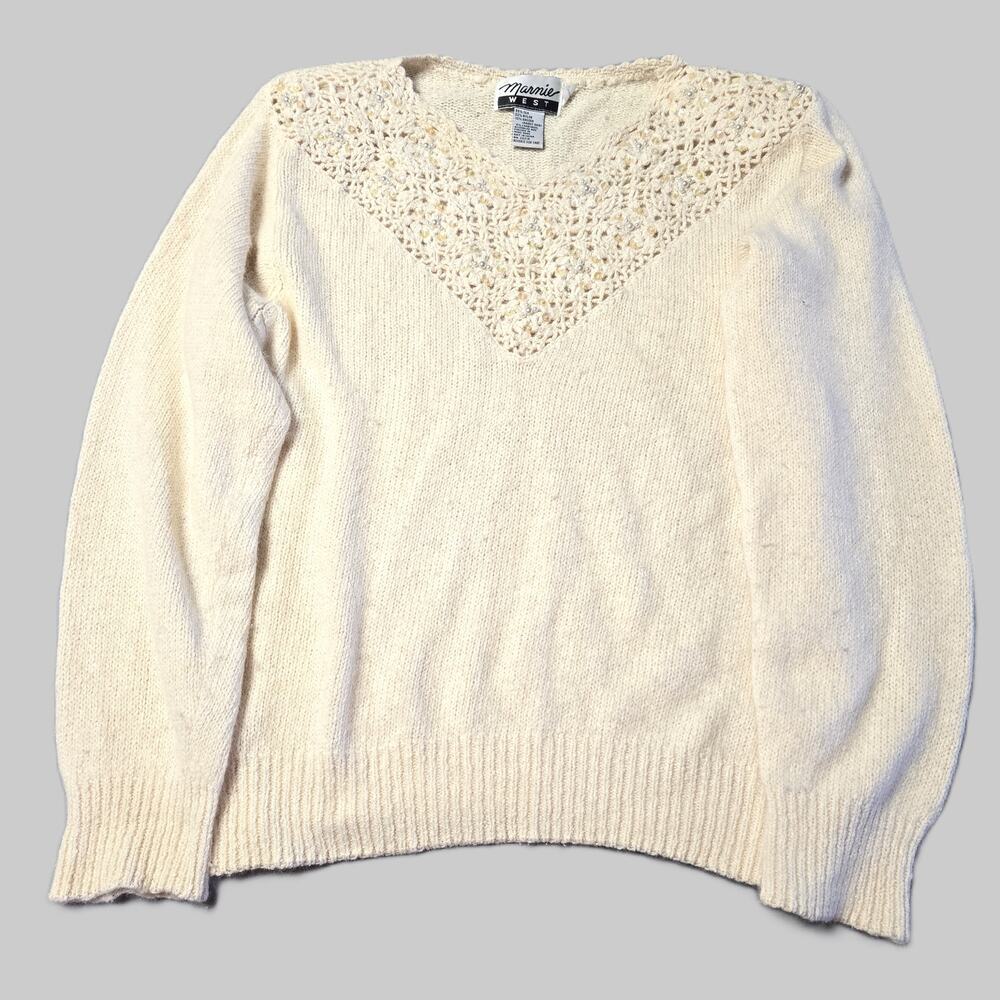 Vintage Marnie West Sz Med Cream Silk Pearl Angora Blouse Sweater